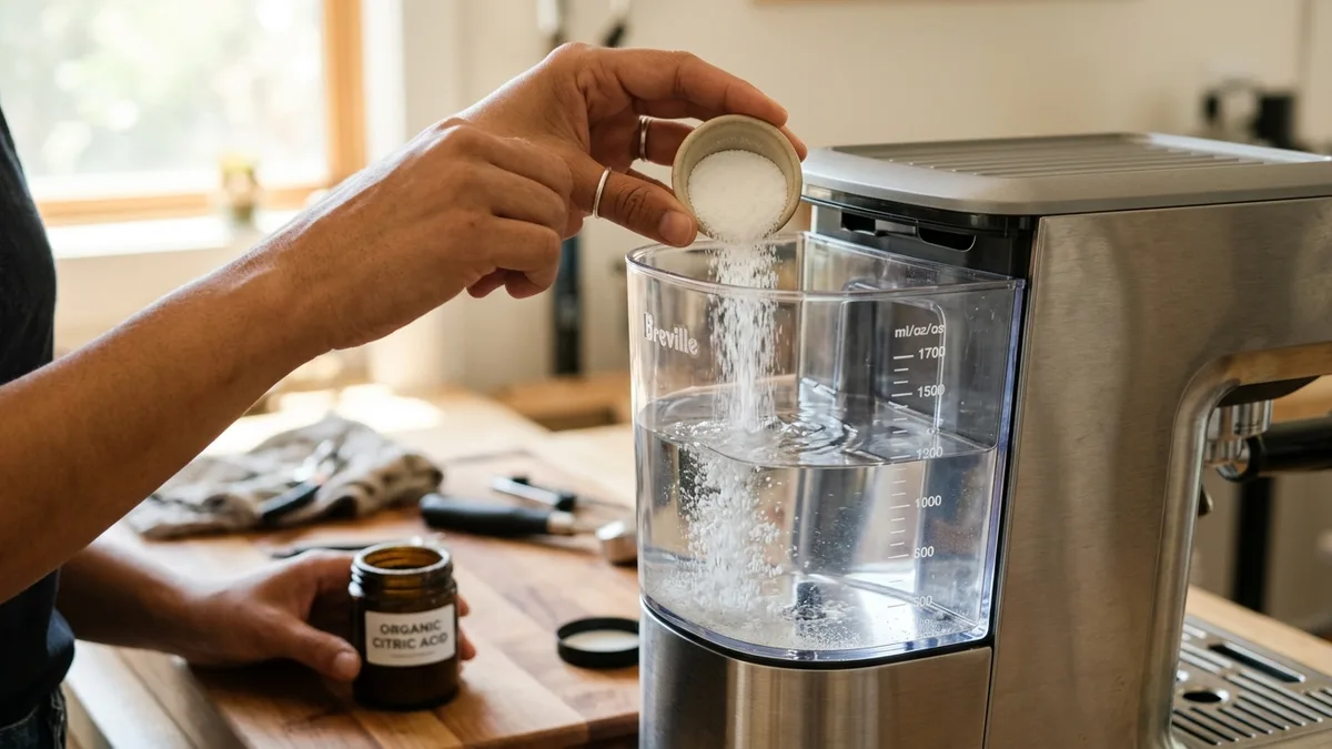 Pouring citric acid descaling powder into Breville water tank